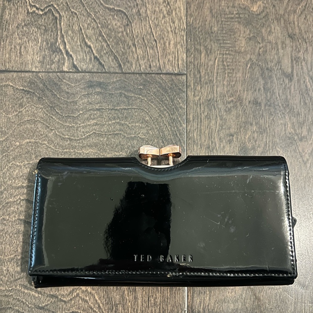 Ted Baker Black Patent Wallet with Gold Bow